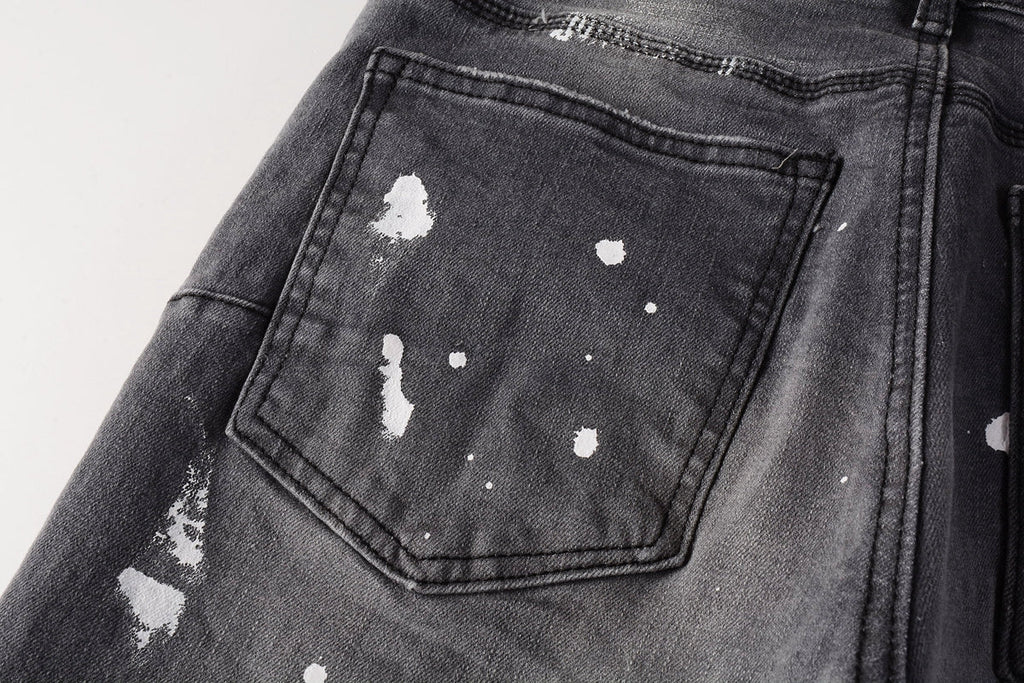 Men Streetwear Skinny Jeans Dark Gray Wash with Knee Rips and White Paint Splatter 9039