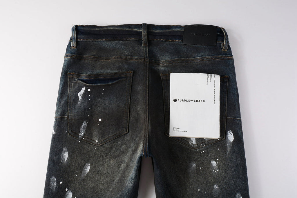 Men Streetwear Skinny Jeans Dark Gray Wash with White Paint Splatter and Brush Strokes 9036