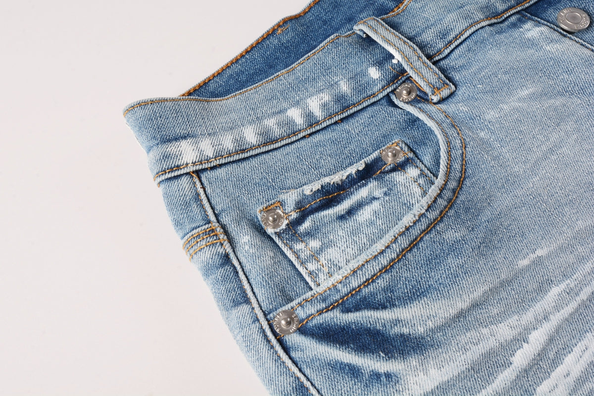 Men Streetwear Light Blue Denim Shorts with Vintage Wash and Raw Hem Finish 5091