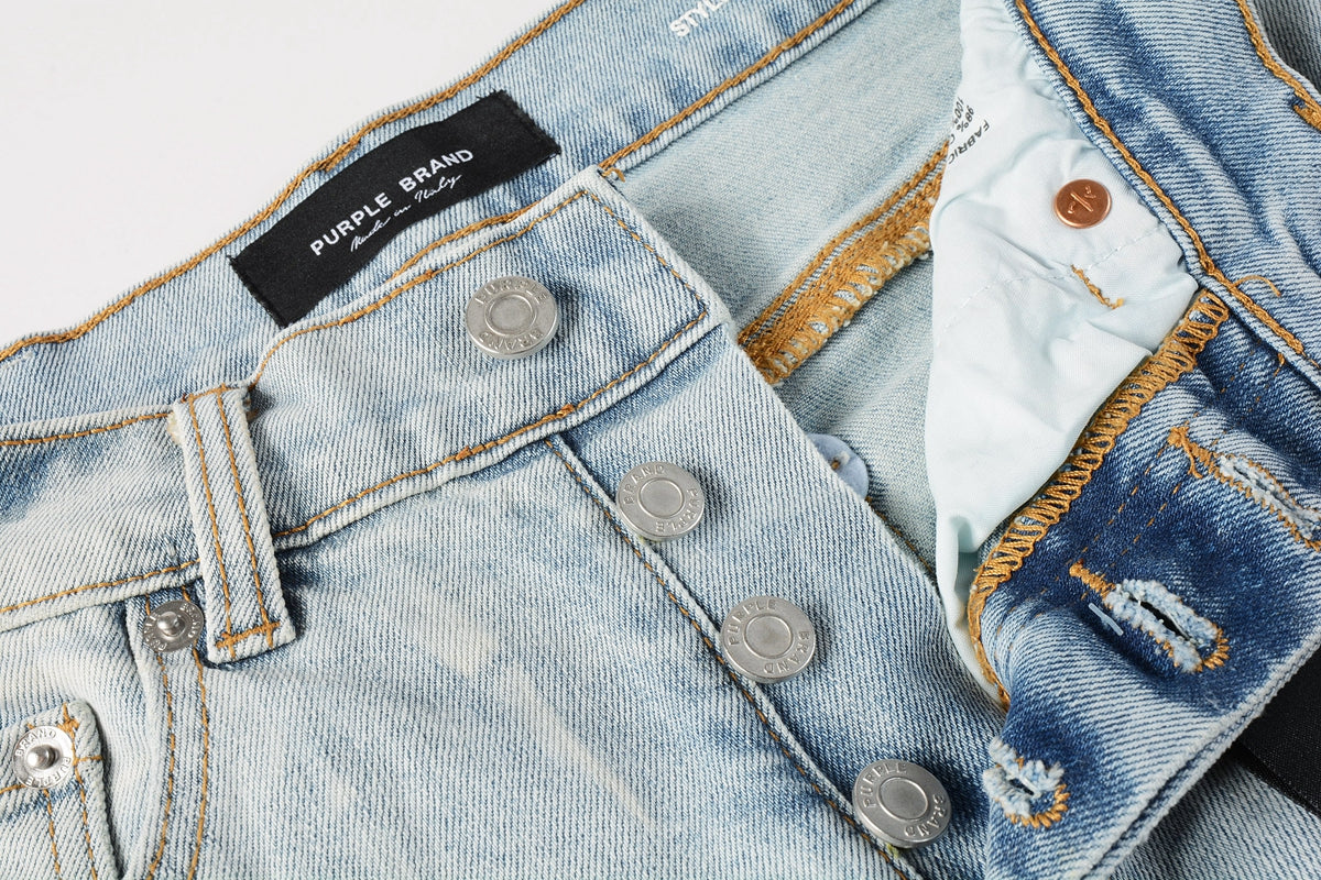 Men Streetwear Denim Shorts Light Blue Wash with Washed Distressed Raw Hem 5017