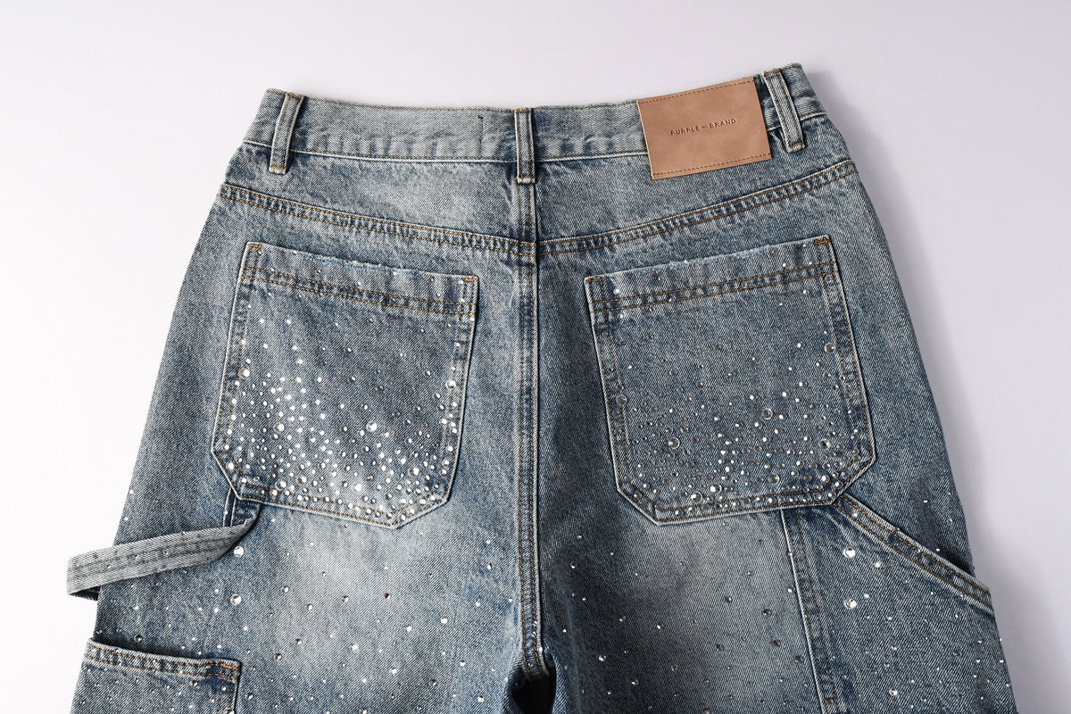 Men Streetwear Cargo Denim Shorts Light Blue Wash with Rhinestone Embellishment and Distressed Details 5097