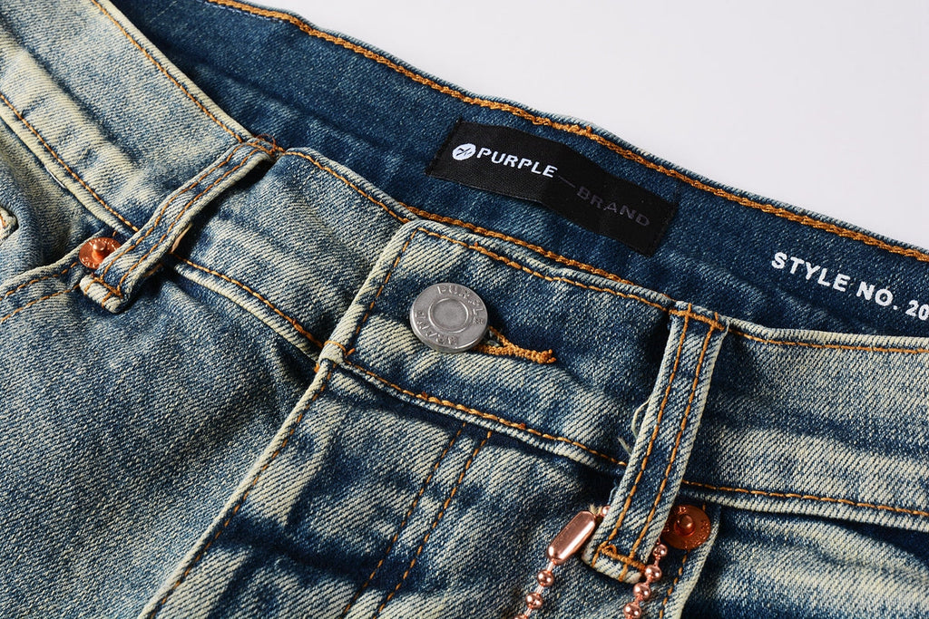 Men Streetwear Skinny Jeans Light Blue Wash with Blue Patched Rips and White Paint Splatter 9050-1