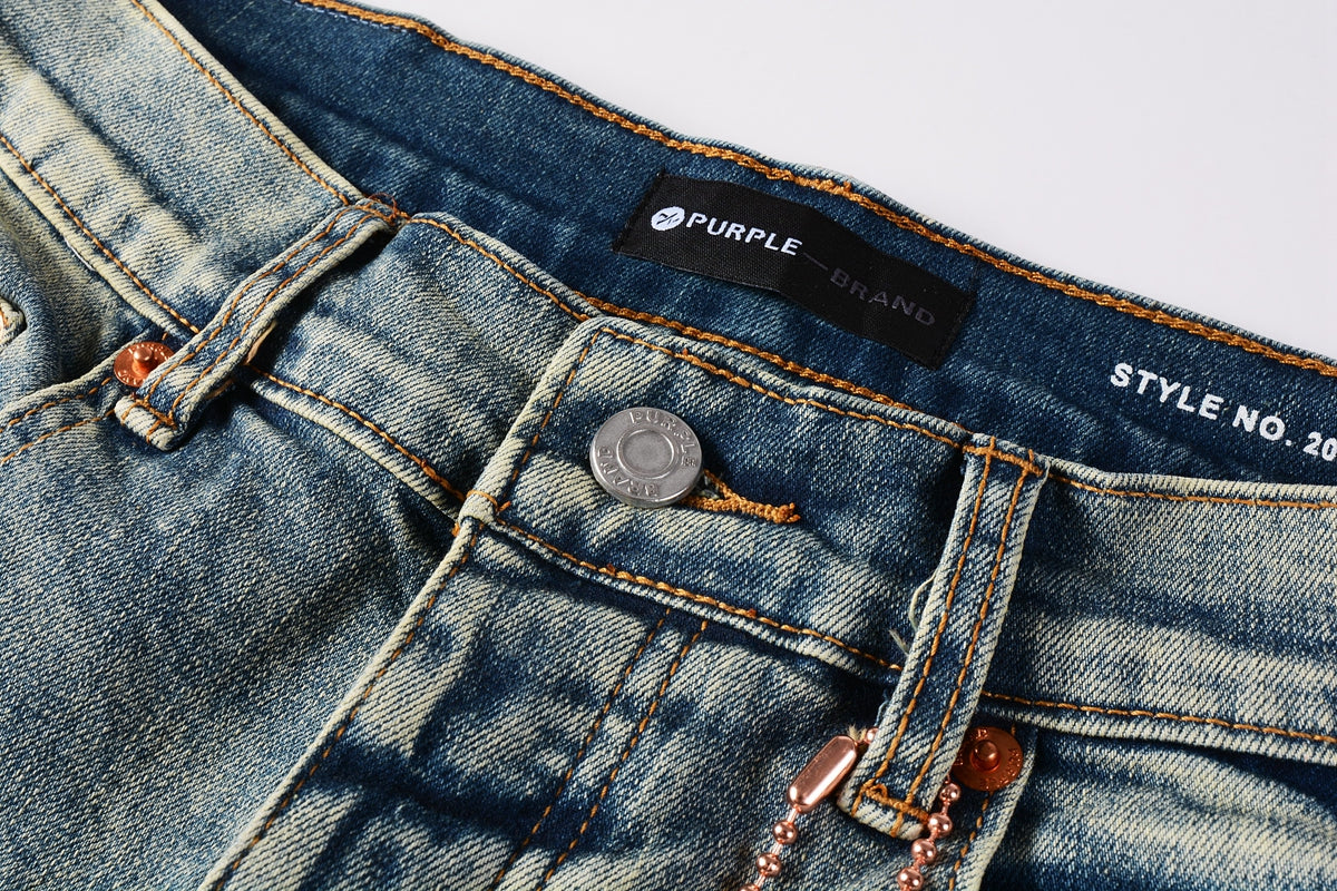 Men Streetwear Skinny Jeans Light Blue Wash with Blue Patched Rips and White Paint Splatter 9050-1
