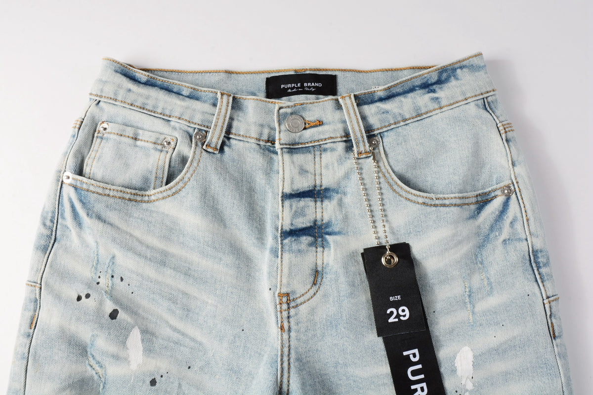 Men Streetwear Denim Shorts Light Blue Wash with White Paint Splatters and Distressed Raw Hem 5006