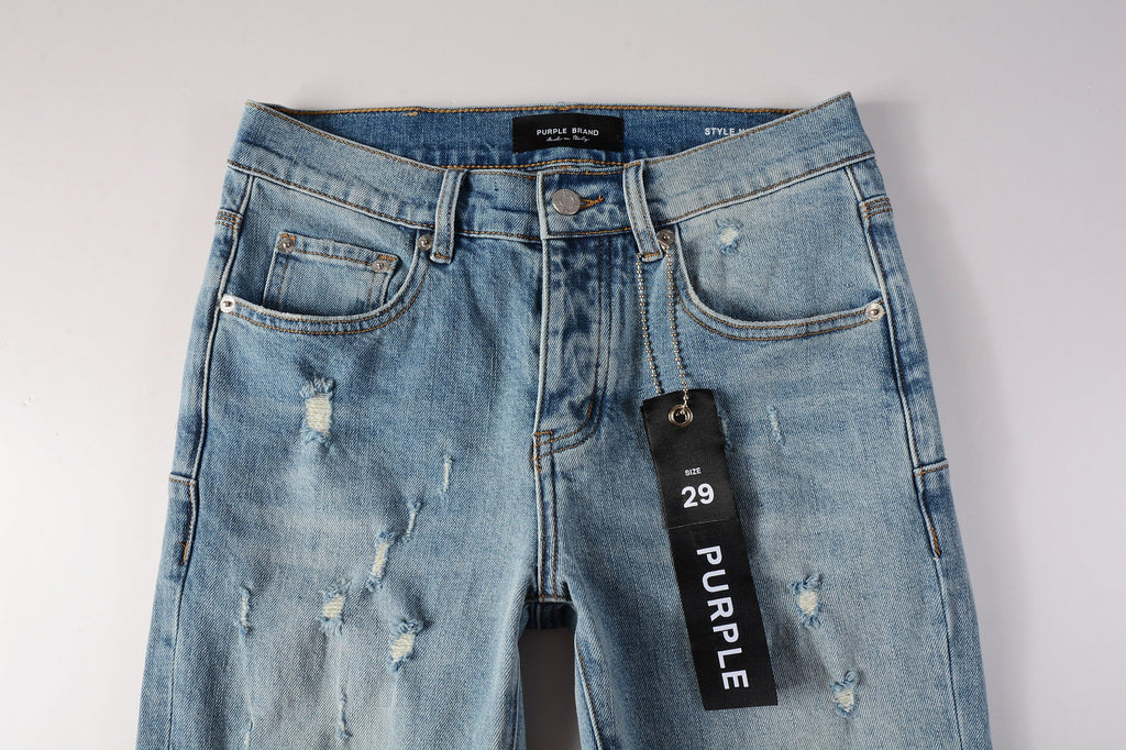 Men Streetwear Skinny Jeans Light Blue Wash with Subtle Distressed Ripped Details 9075
