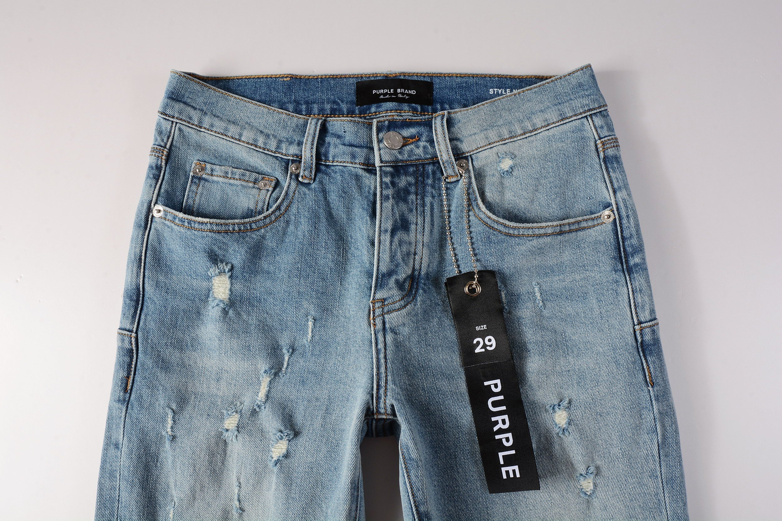 Men Streetwear Skinny Jeans Light Blue Wash with Subtle Distressed Ripped Details 9075