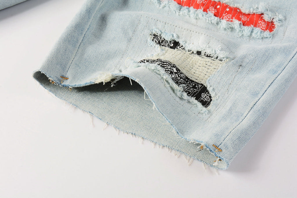 Men Streetwear Denim Shorts Light Blue Wash with Colorful Patched Rips and Raw Hem 5067