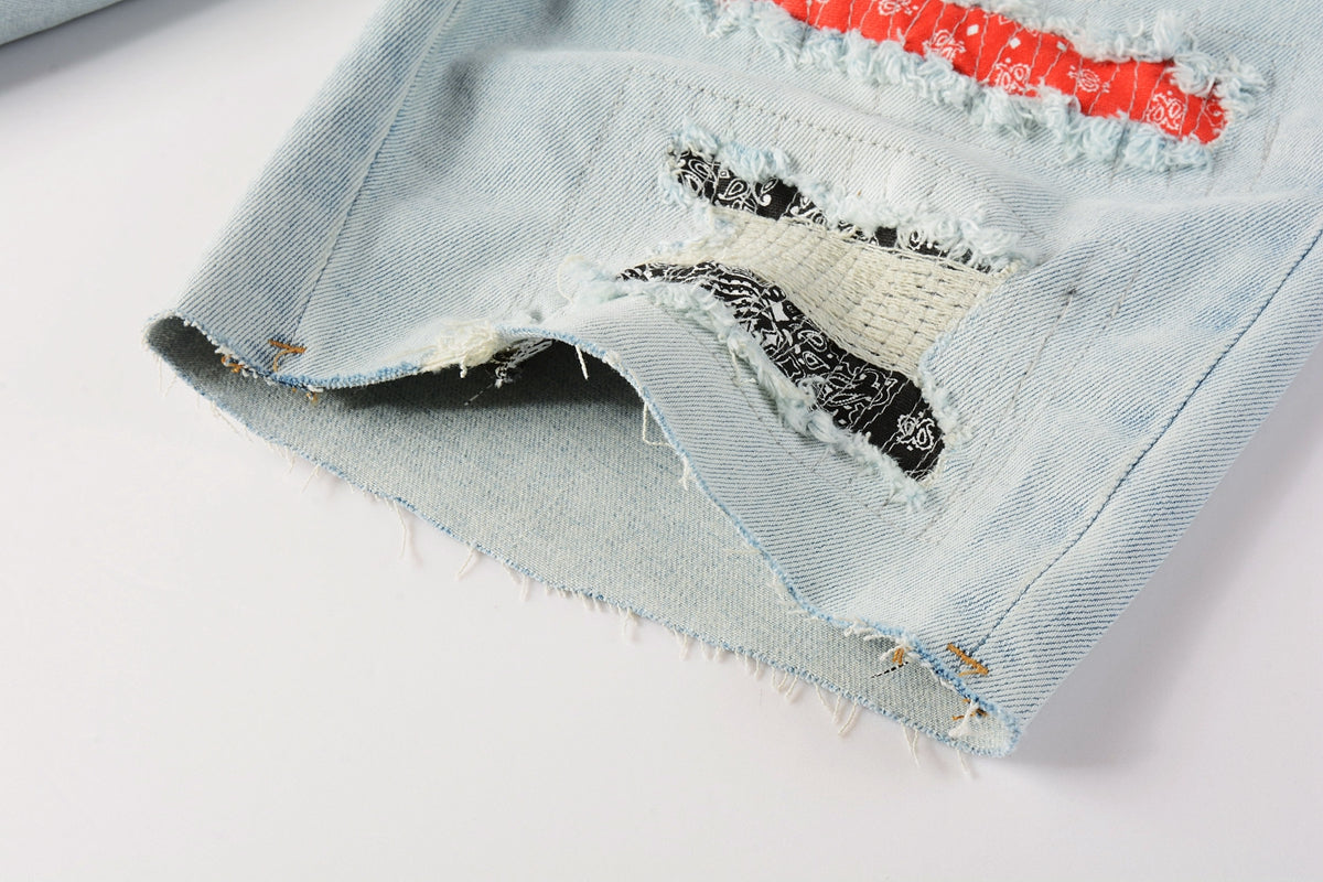 Men Streetwear Denim Shorts Light Blue Wash with Colorful Patched Rips and Raw Hem 5067