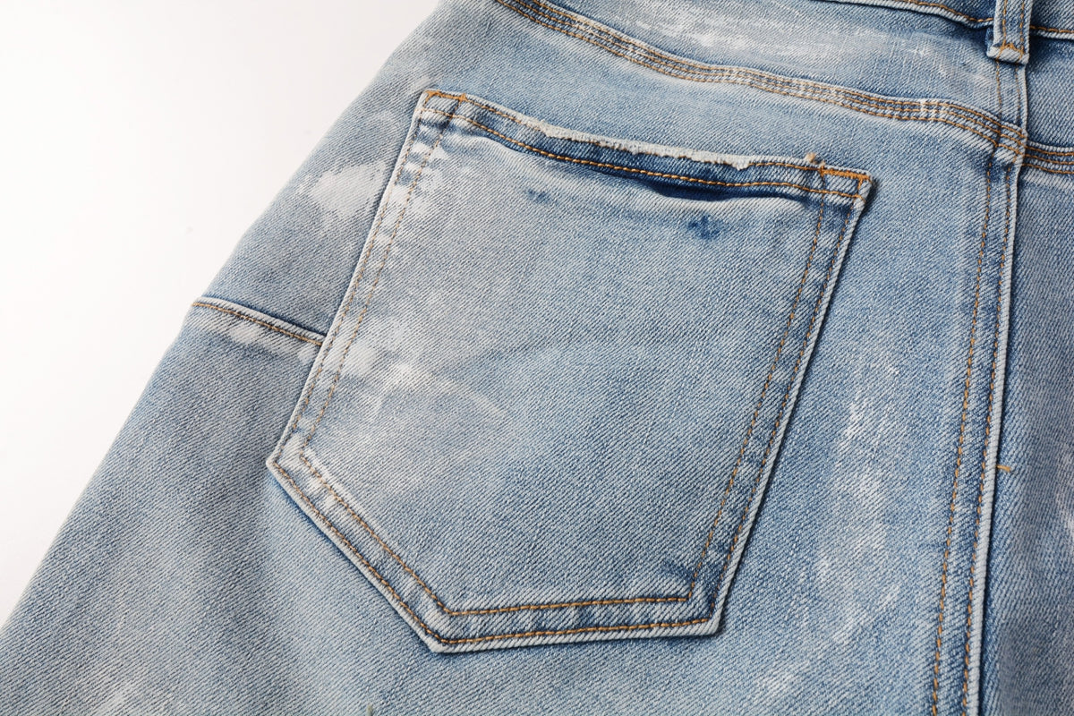 Men Streetwear Light Blue Denim Shorts with Vintage Wash and Raw Hem Finish 5091