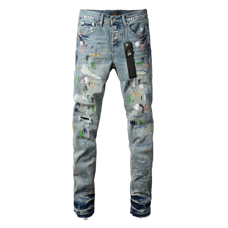 Men Streetwear Skinny Jeans Light Blue Wash with Multi-Color Paint Splatter and Distressed Rips 9072