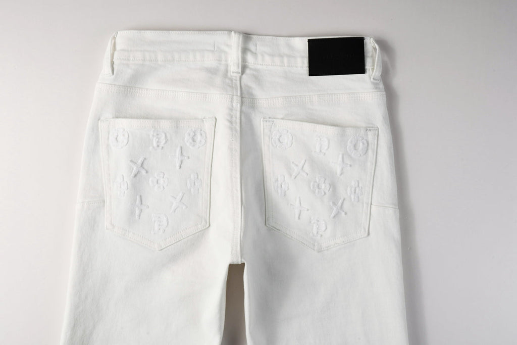 Men Designer Streetwear Skinny Jeans Solid White with 3D Embossed Monogram Pattern 9113