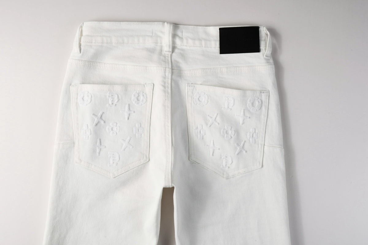 Men Designer Streetwear Skinny Jeans Solid White with 3D Embossed Monogram Pattern 9113