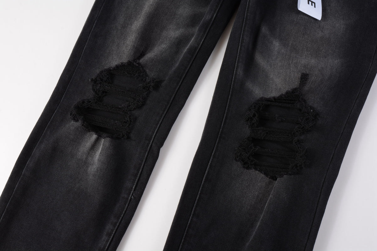 Men Streetwear Skinny Jeans Black Wash with Knee Ripped Details 9029