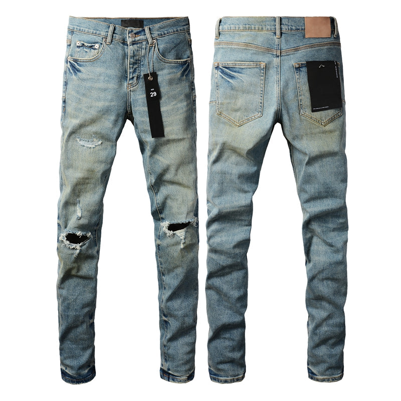 Men Streetwear Skinny Jeans Light Blue Wash with Distressed Ripped Knee Details 9076