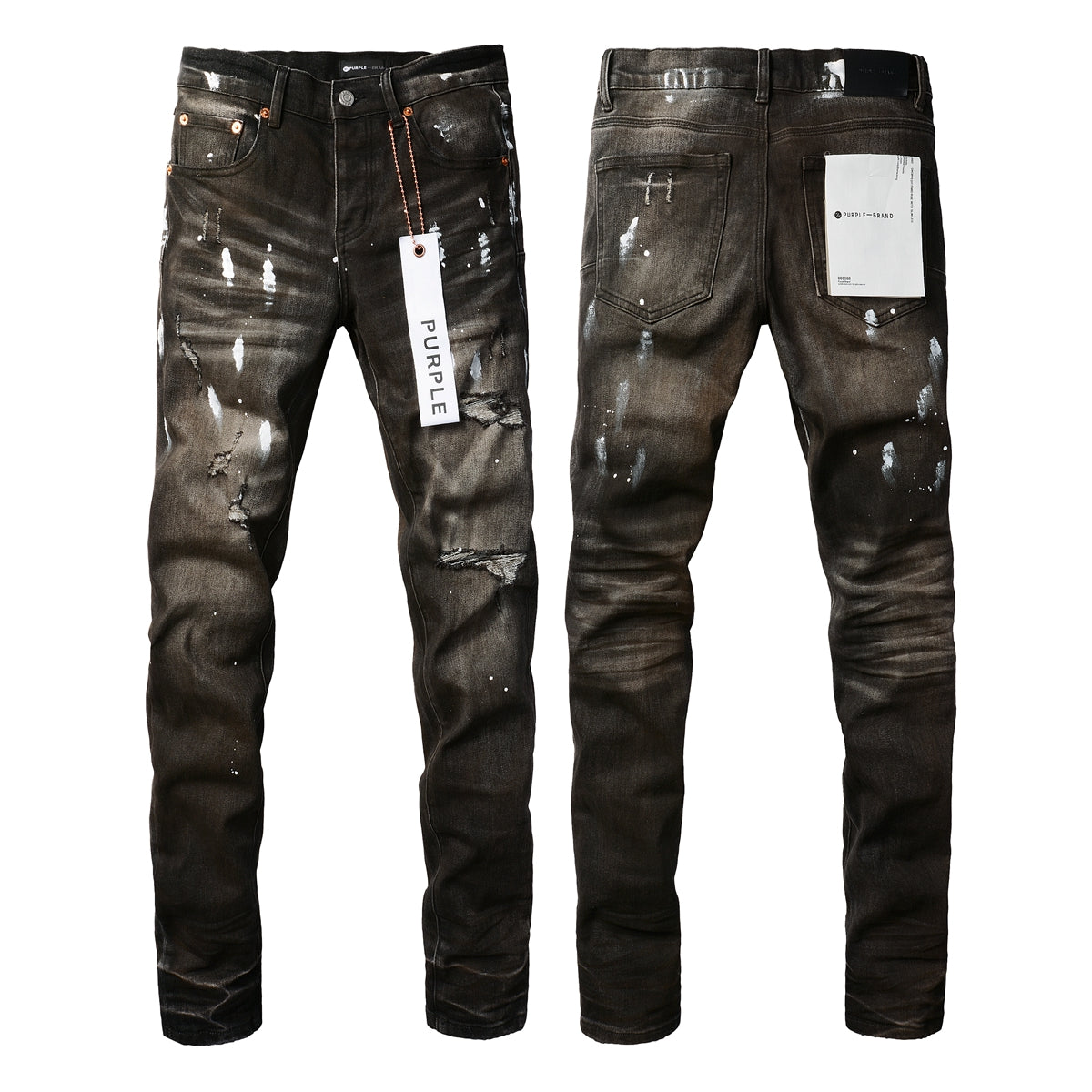 Men Streetwear Skinny Jeans Dark Gray Wash with White Paint Splatter and Distressed Rips 9030
