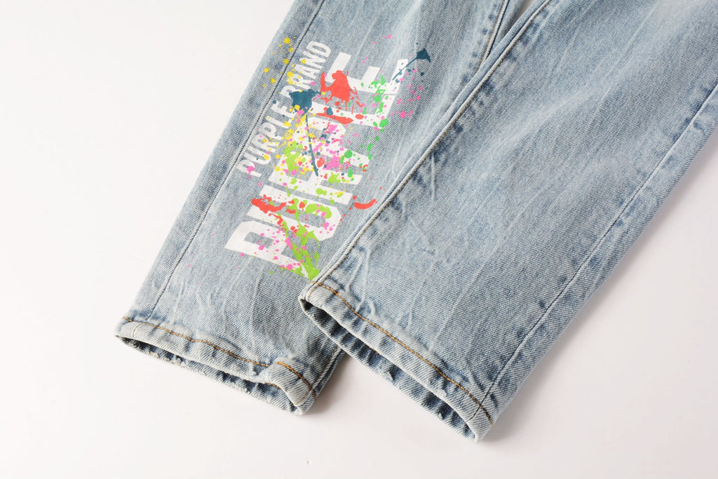 Men Streetwear Jeans Light Blue Ripped Graffiti Print Distressed skinny 9101