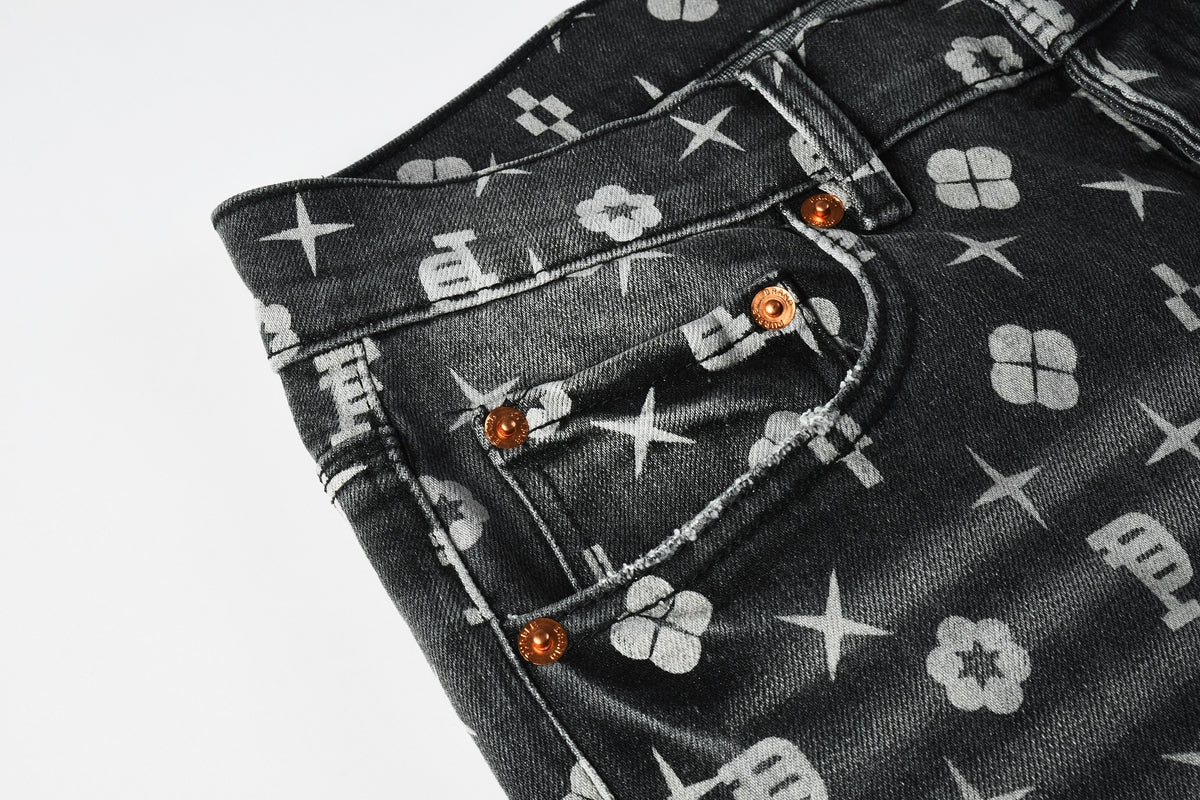 Men Classic Street Skinny Jeans Dark Grey Monogram Print All Over Distressed Style 9112