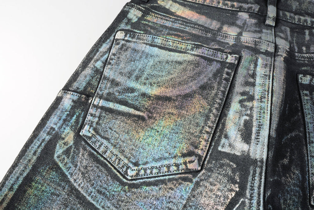 Men Streetwear Denim Shorts Black Wash with Holographic Reflective Finish and Raw Hem 5028