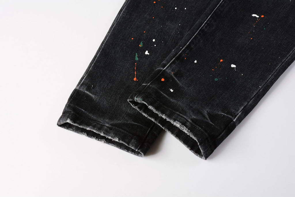 Men Streetwear Skinny Jeans Dark Gray Wash with Distressed Rips and Multi-Color Paint Splatter 9018