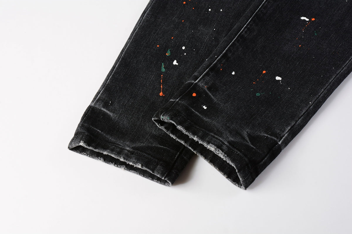 Men Streetwear Skinny Jeans Dark Gray Wash with Distressed Rips and Multi-Color Paint Splatter 9018
