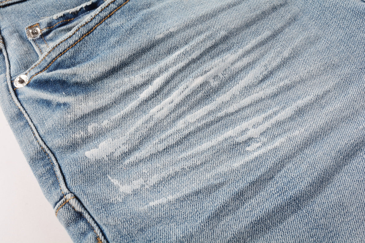 Men Streetwear Light Blue Denim Shorts with Vintage Wash and Raw Hem Finish 5091