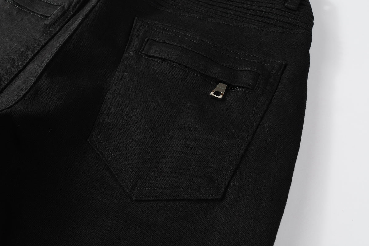 Men Streetwear Biker Skinny Jeans Black with Knee Pleats and Zipper Pockets 0964