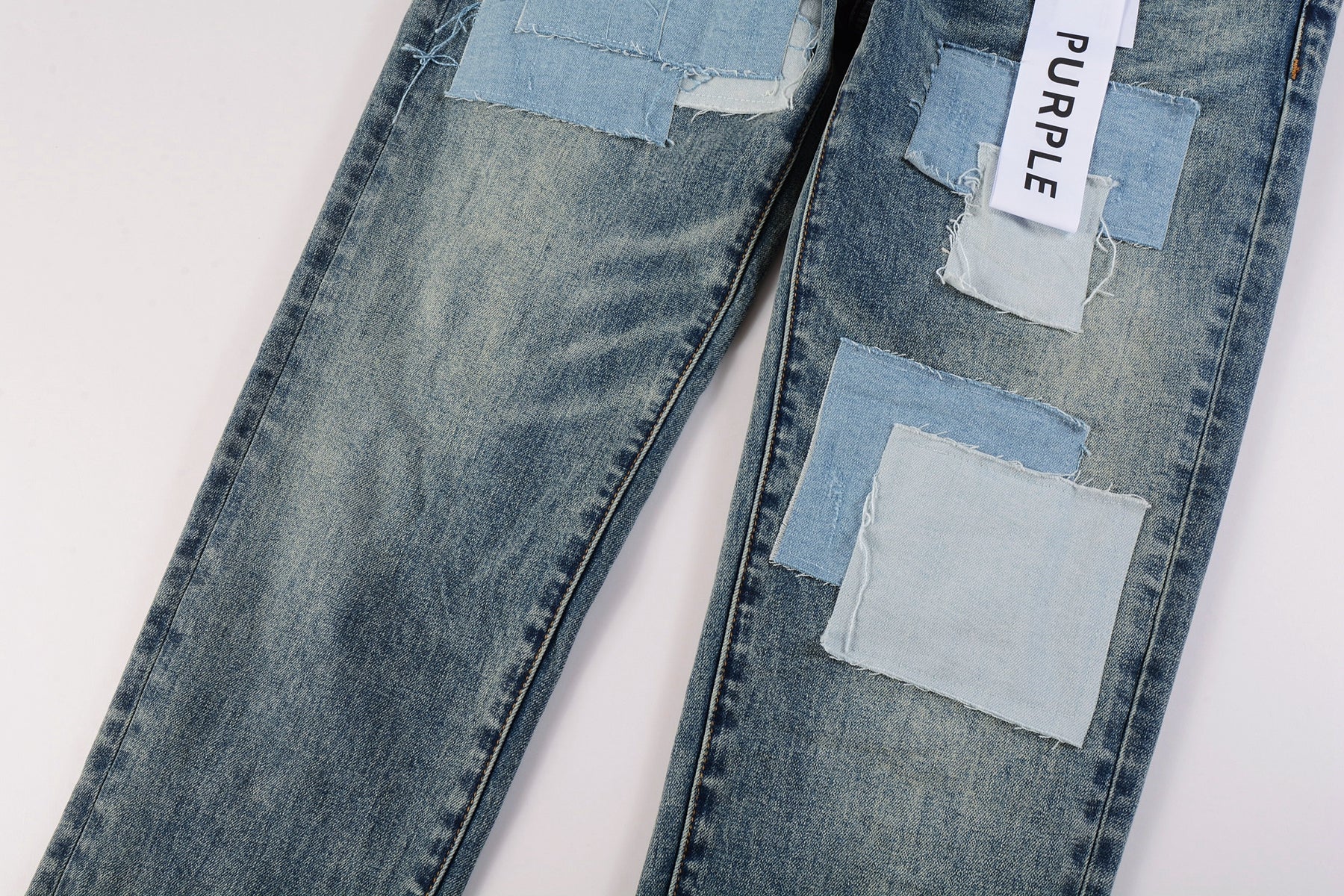 Men Streetwear Skinny Jeans Light Blue Wash with Patchwork Distressed Details 9015