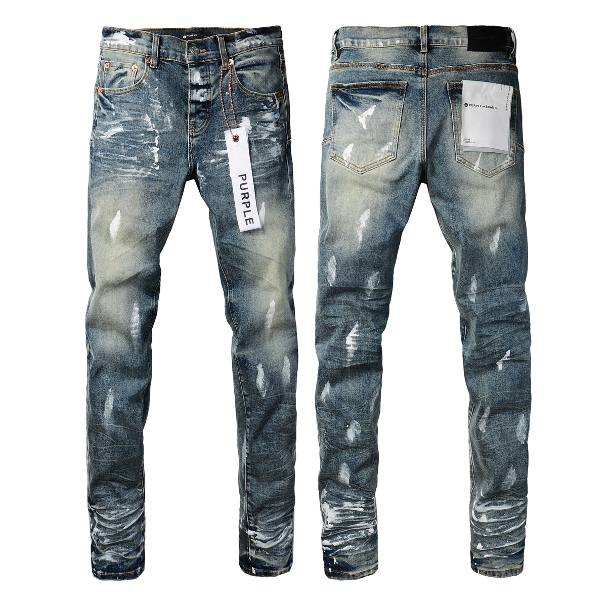 Men Streetwear Skinny Jeans Light Blue Wash with White Paint Brush Strokes 9060