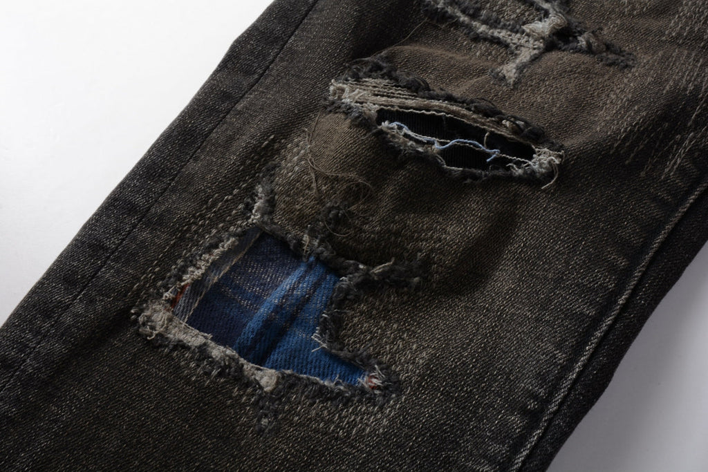 Men Streetwear Skinny Jeans Dark Gray Wash with Multi - Color Patched Distressed Details 9080