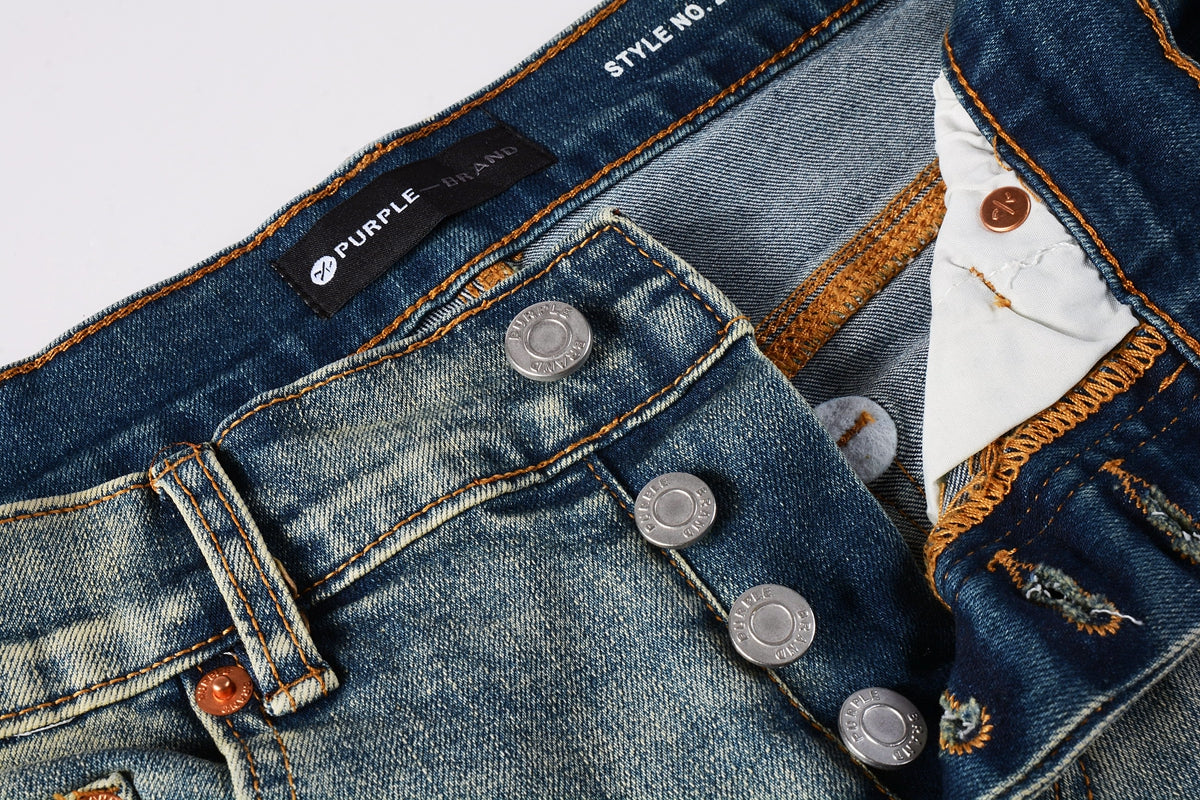 Men Streetwear Skinny Jeans Light Blue Wash with Blue Patched Rips and White Paint Splatter 9050-1