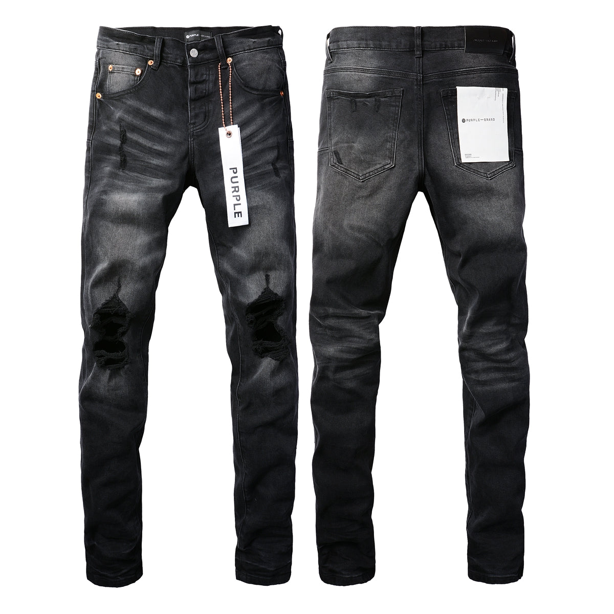 Men Streetwear Skinny Jeans Black Wash with Knee Ripped Details 9029