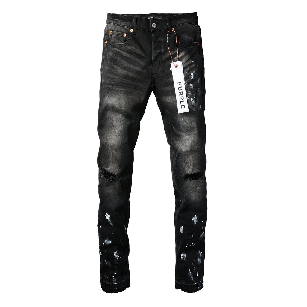 Men Streetwear Skinny Jeans Black Fade Wash with White Paint Splatter and Distressed Rips 9002