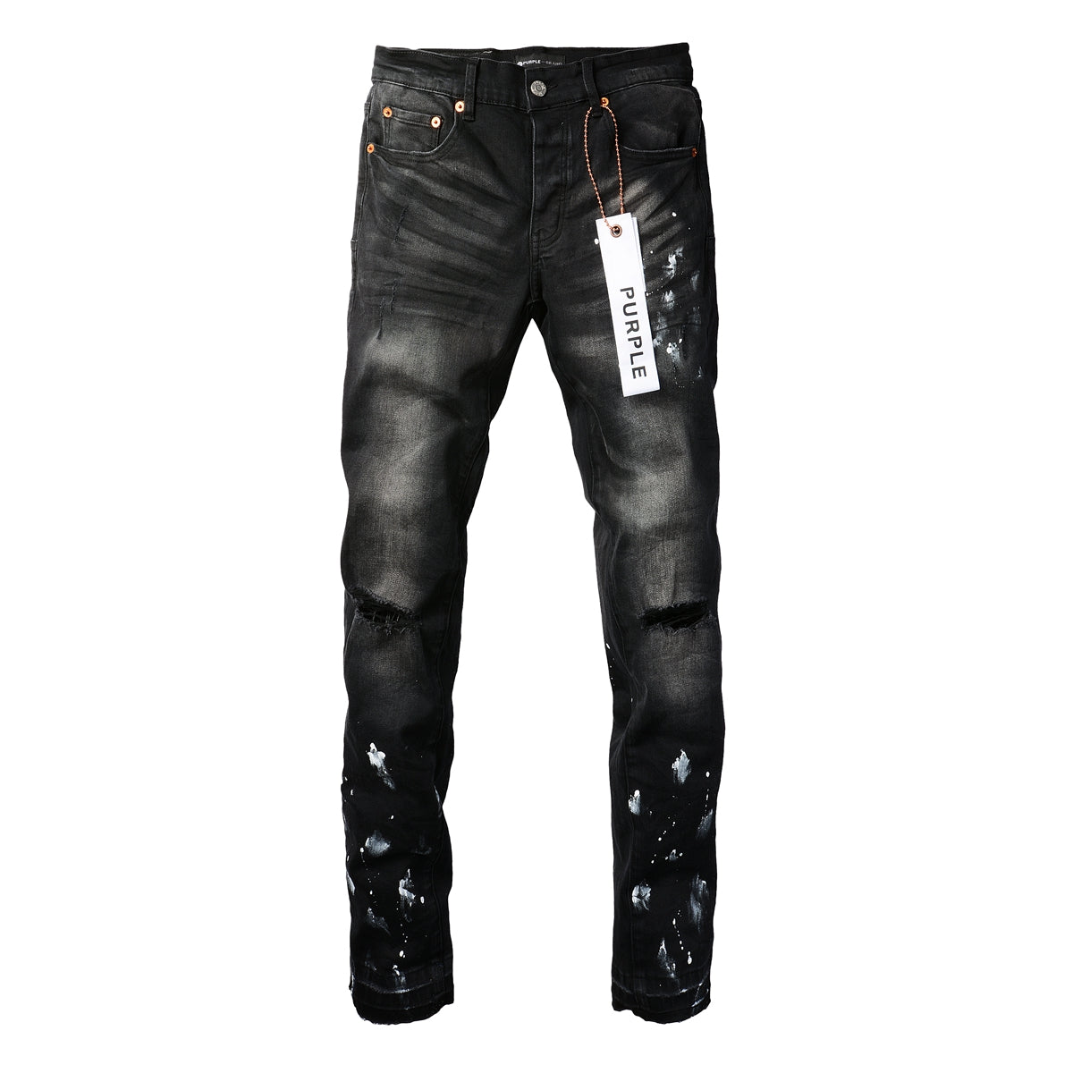 Men Streetwear Skinny Jeans Black Fade Wash with White Paint Splatter and Distressed Rips 9002