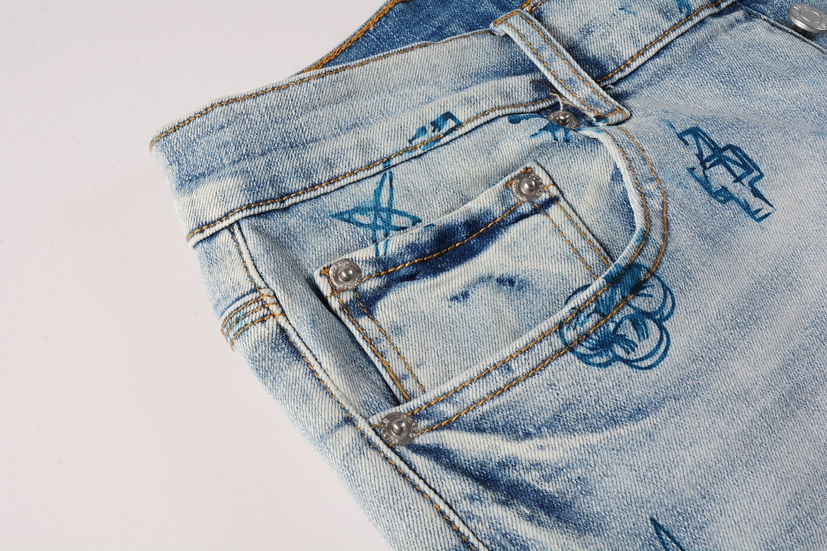 Men Streetwear Skinny Jeans Light Blue Wash with White Paint Brush Strokes 9063