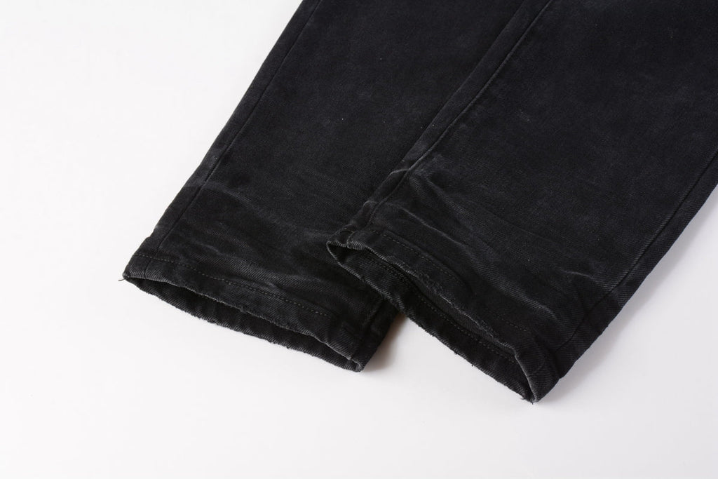 Men Streetwear Skinny Jeans Black Wash with Knee Ripped Details 9029
