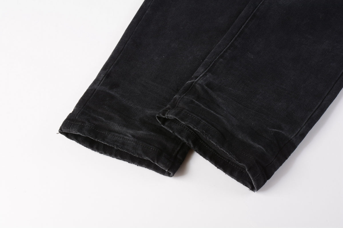 Men Streetwear Skinny Jeans Black Wash with Knee Ripped Details 9029