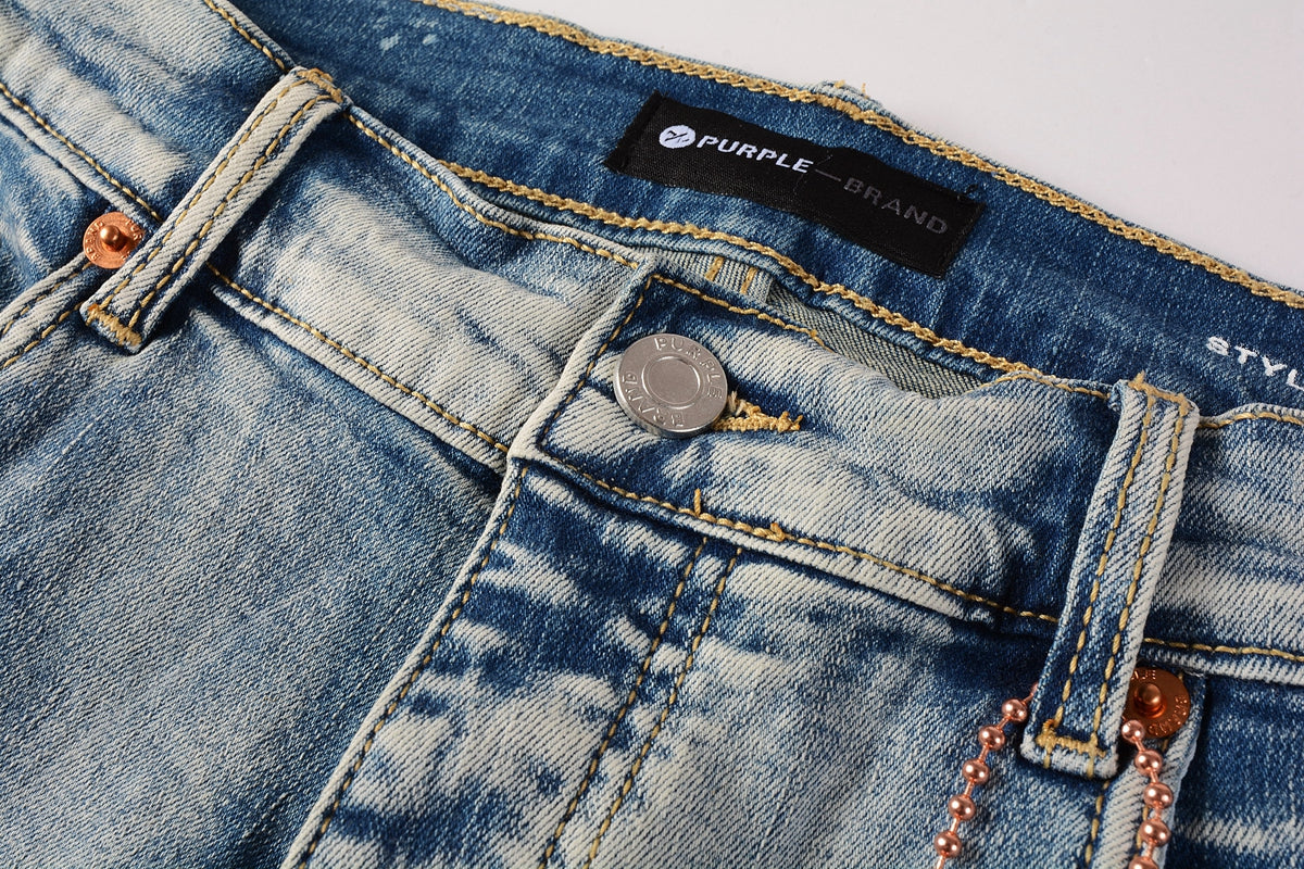 Men Streetwear Skinny Jeans Light Blue Wash with Heavy Distressed Rips 9050