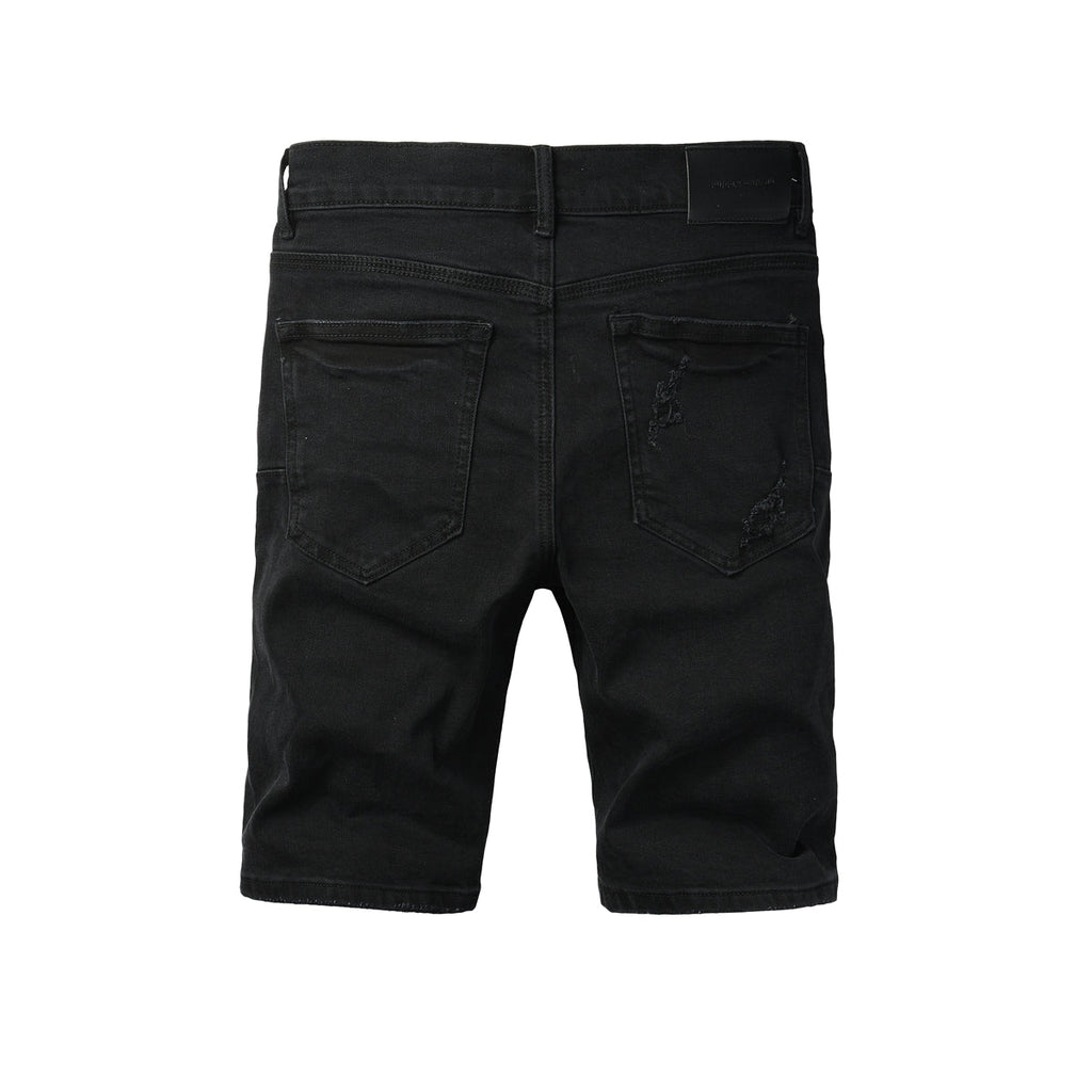 Men Streetwear Black Denim Shorts with Distressed Ripped Details and Raw Hem 5108