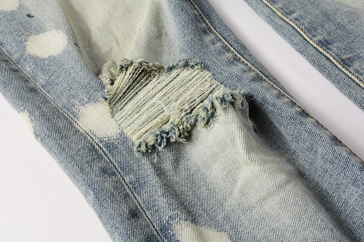Men Streetwear Jeans Distressed Light Blue Paint Dot Ripped skinny 9092