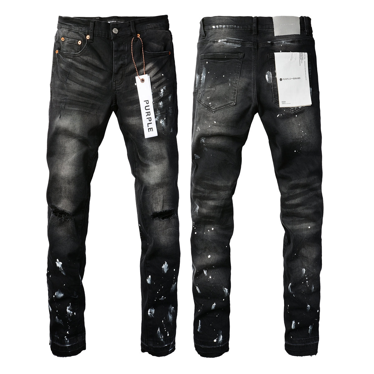 Men Streetwear Skinny Jeans Black Fade Wash with White Paint Splatter and Distressed Rips 9002