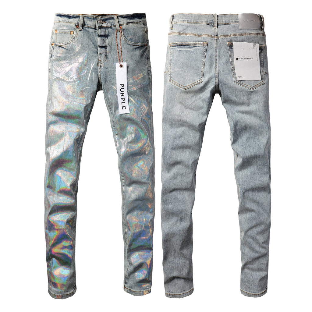 Men Streetwear Skinny Jeans Light Blue Wash with Holographic Iridescent Finish 9005