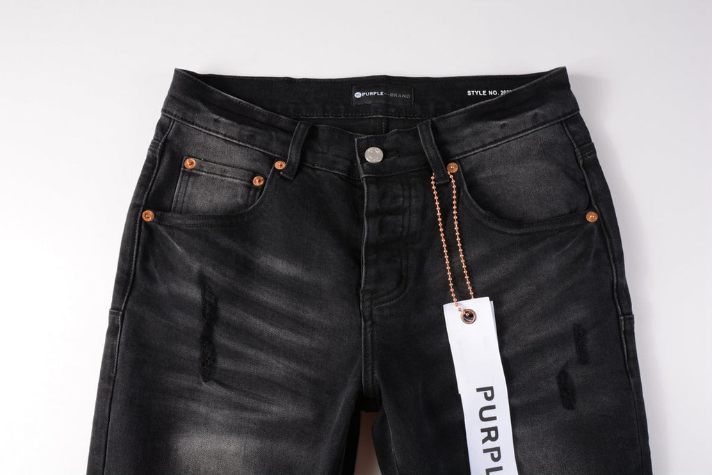 Men Streetwear Skinny Jeans Black Wash with Knee Ripped Details 9029