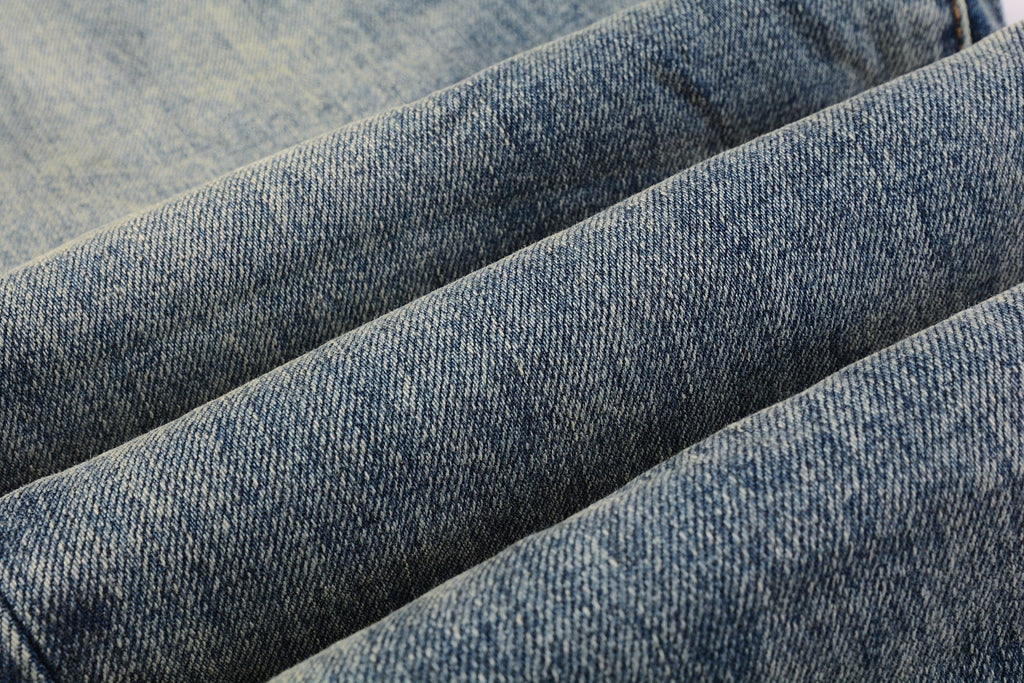 Men Streetwear Skinny Jeans Light Blue Wash with Patchwork Distressed Details 9015