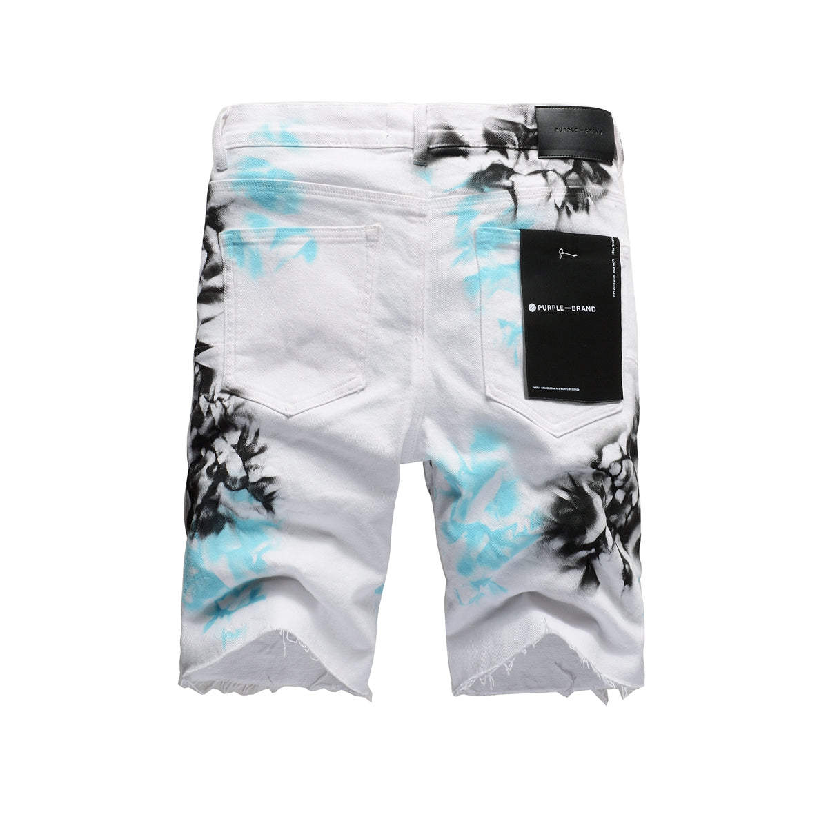 Men Streetwear Denim Shorts White Wash with Blue - Black Ink Floral Print and Raw Hem 5065