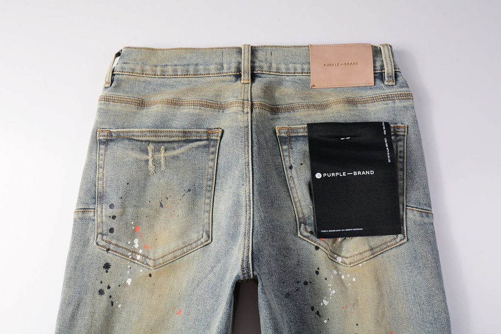 Men Streetwear Skinny Jeans Light Gray Wash with Multi-Color Paint Splatter and Distressed Patches 9071