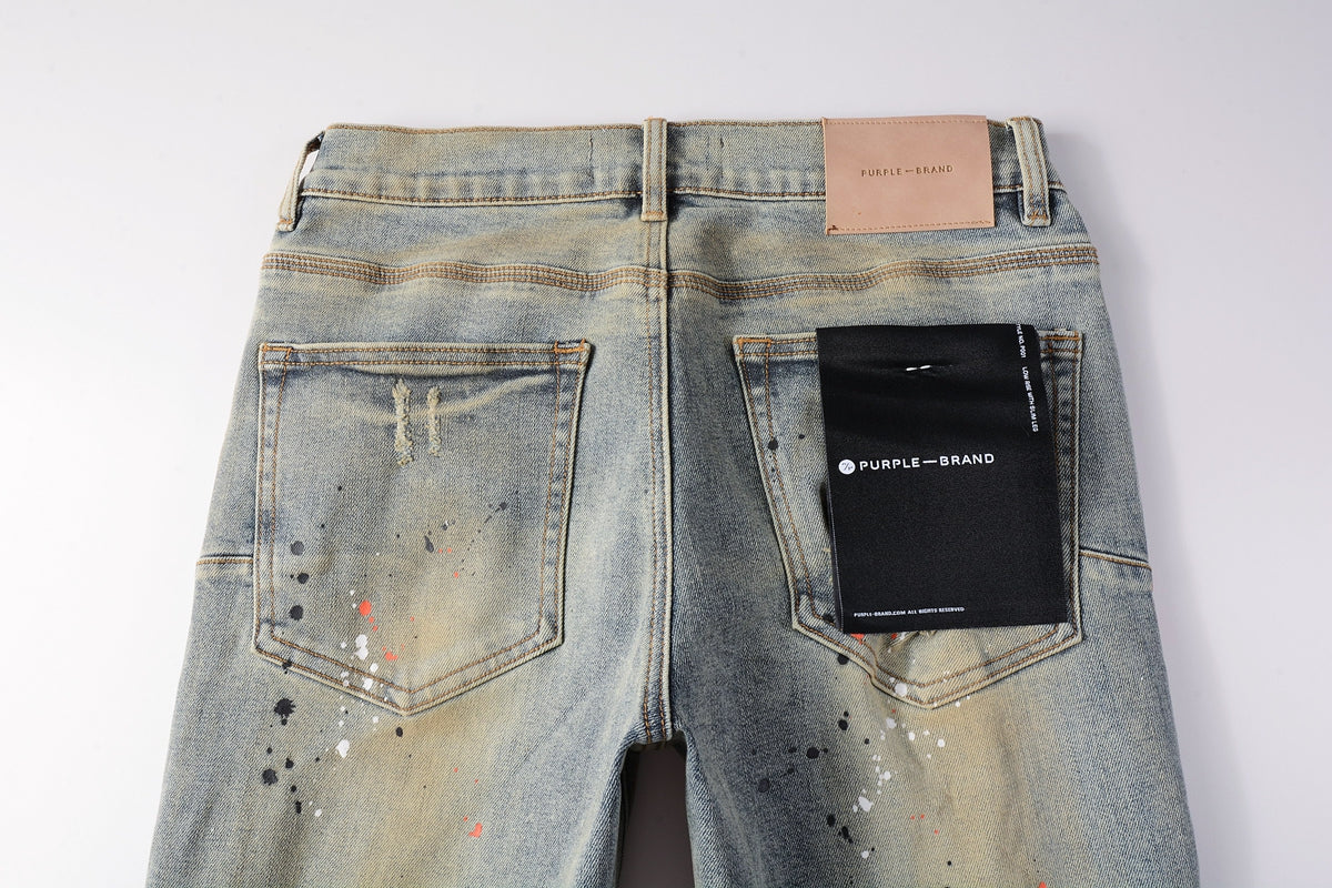 Men Streetwear Skinny Jeans Light Gray Wash with Multi-Color Paint Splatter and Distressed Patches 9071