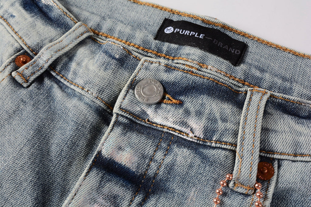 Men Streetwear Skinny Jeans Light Blue Wash with Holographic Iridescent Finish 9005