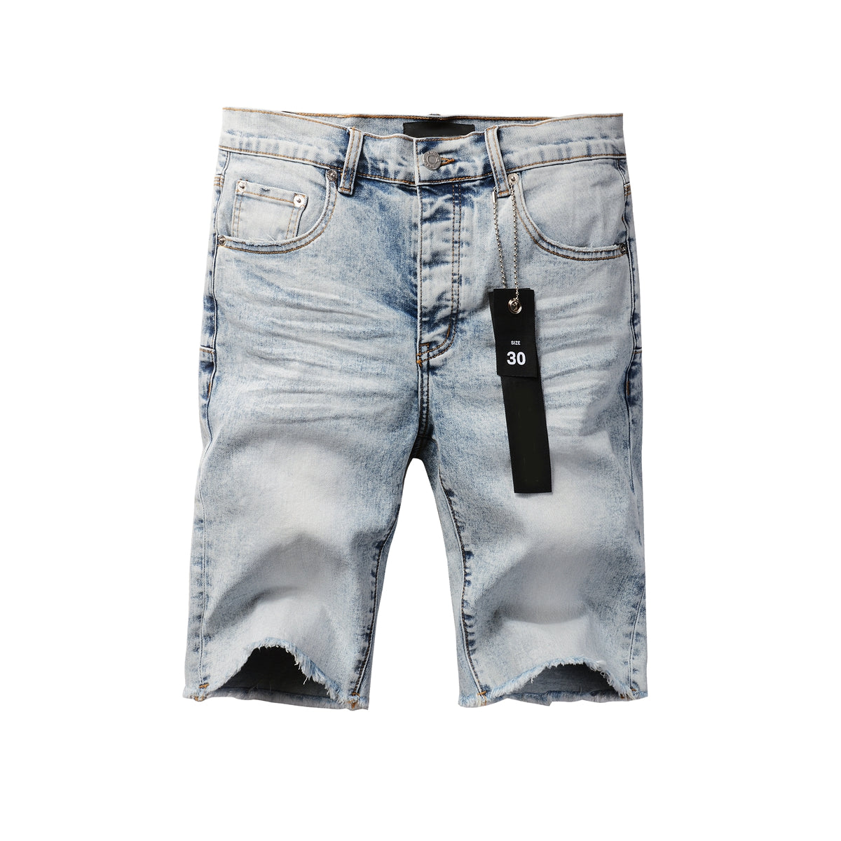 Men Streetwear Denim Shorts Light Blue Wash with Vintage Distressed Raw Hem 5053