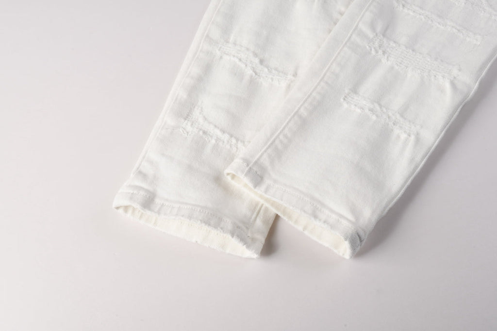 Men Classic Streetwear Skinny Jeans Solid White with Subtle Distressed Details PU9118