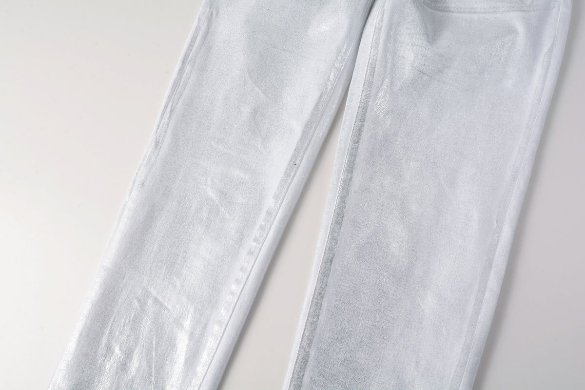 Men Streetwear Jeans Metallic Silver Coated Finish with Futuristic Shine Skinny Fit Statement 9110
